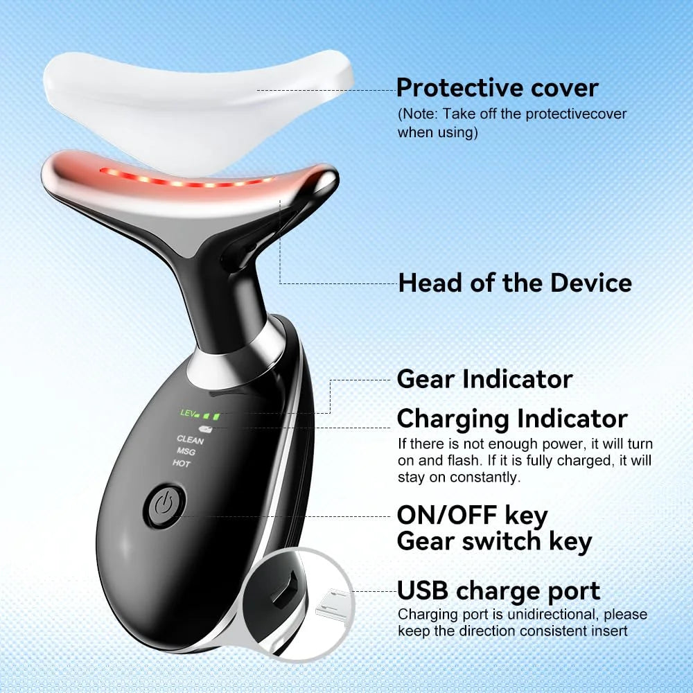 Reacharable Face & Neck Massager – LED Light Therapy, Hot Compress & Vibration Device