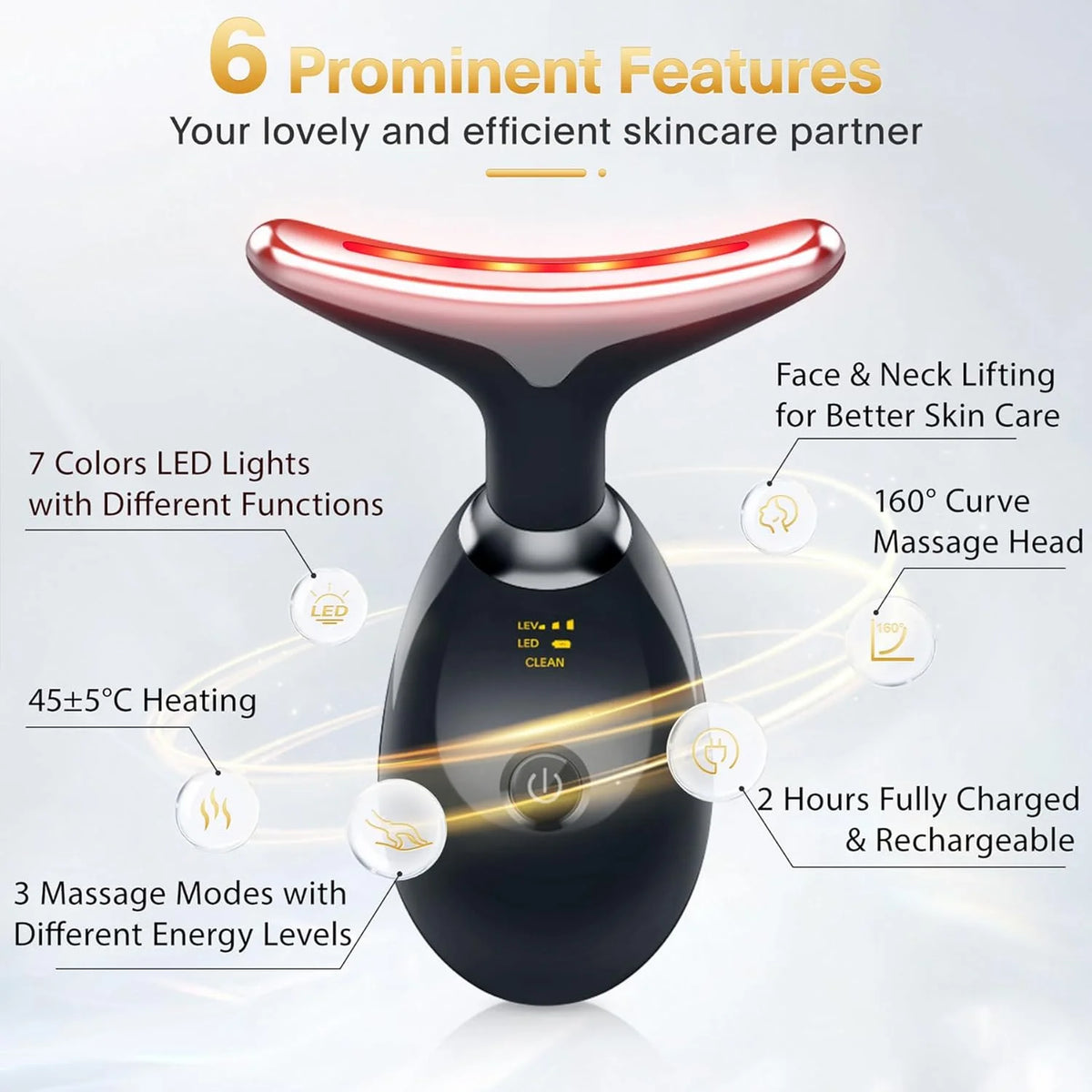 Reacharable Face & Neck Massager – LED Light Therapy, Hot Compress & Vibration Device