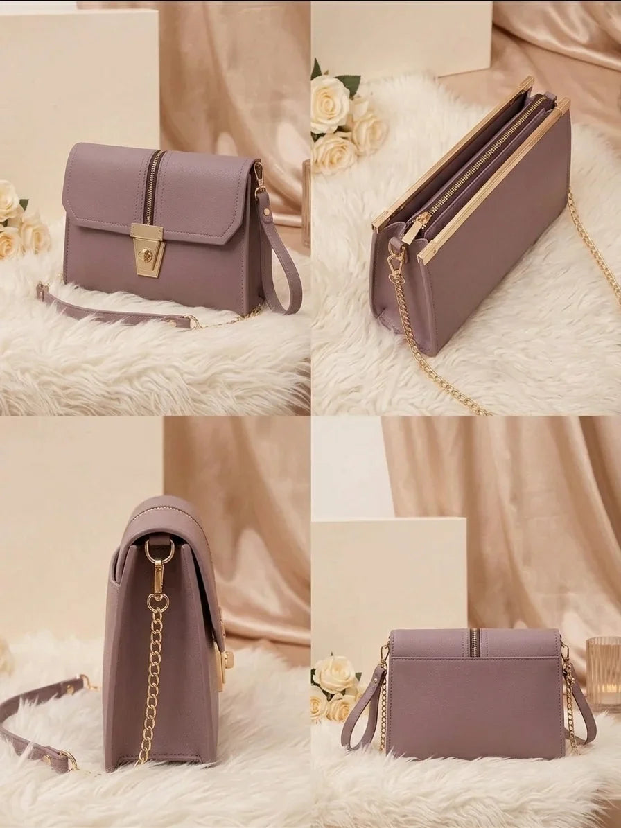 Woman wearing mauve sling bag with beige blazer outfit