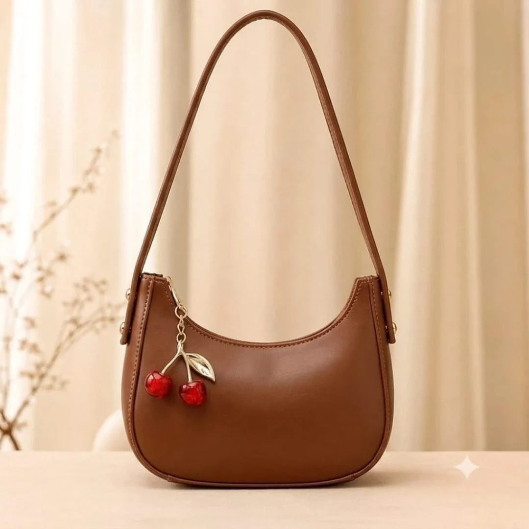 Trendy Off-White Cherry Charm Shoulder Bag for Women | Elegant Leather Underarm Hobo Bag