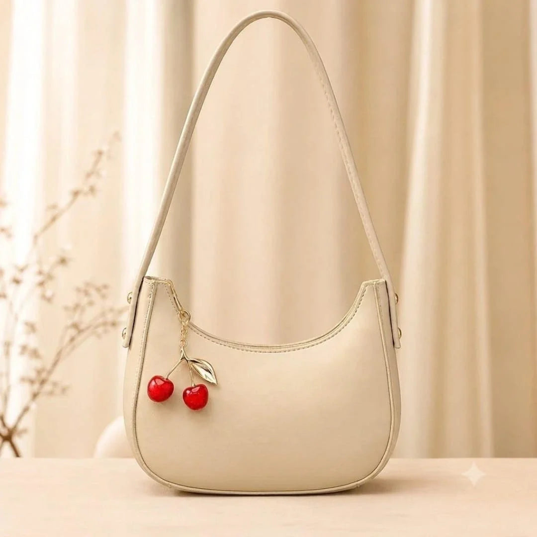 Trendy Off-White Cherry Charm Shoulder Bag for Women | Elegant Leather Underarm Hobo Bag